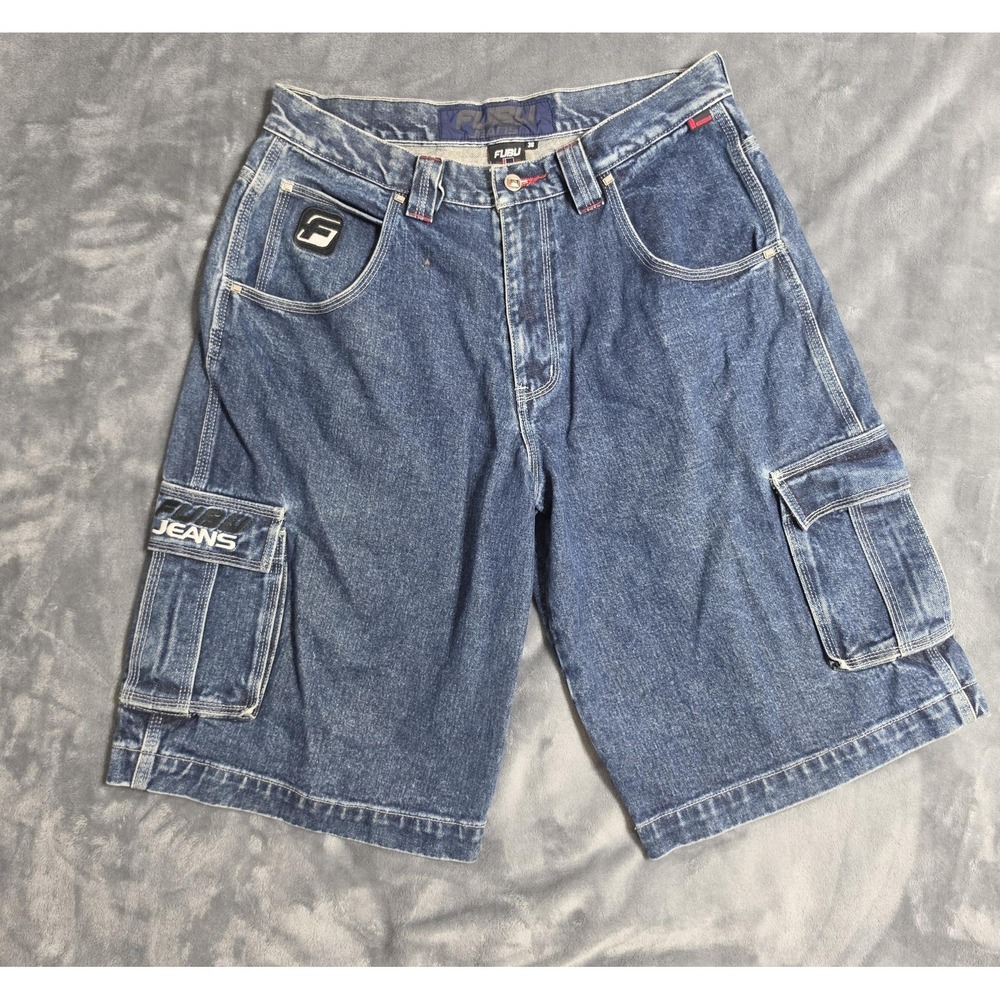 Vintage FUBU Jeans Shorts Mens 36 Blue Denim Cargo Relaxed Fit Hip Hop Y2K